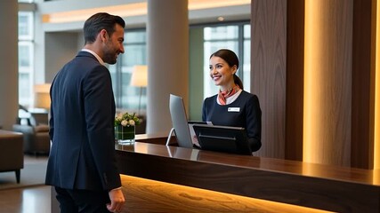 Professional Hotel Receptionist Greets Business Traveler in Modern Lobby