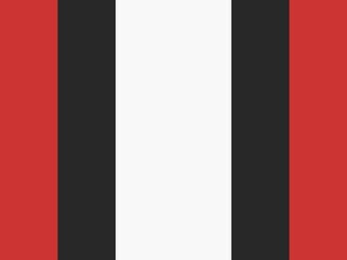 Bold red, black, and white vertical striped background pattern.
