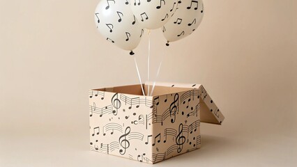 A whimsical still life with a cardboard box and floating balloons, all decorated with a repeating pattern of sheet music and musical notes