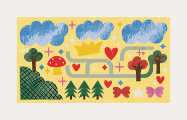 Naklejka premium Playful Nature Collage of Clouds, Trees, Flowers, Rainbows, and Forest Symbols in Vibrant Pastel Doodle Style. 