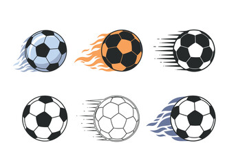 Set of six black-and-white vector illustrations of soccer balls in different styles.