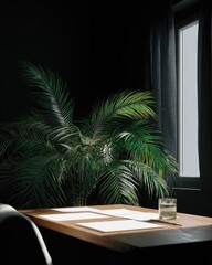 Obraz premium Dark room, wooden table, papers, plant, sunlight, window, calm workspace, design inspiration