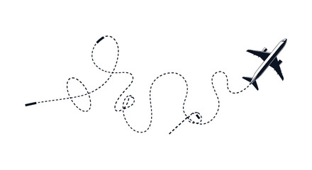 A stylized illustration of a jet airplane in flight, tracing a meandering dotted line path across a white background, symbolizing travel and journey.