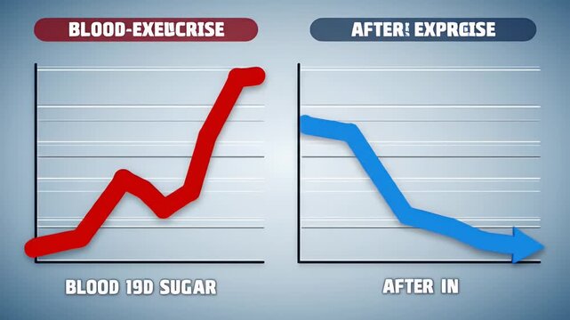Animated Blood Sugar Level Chart Demonstrating Increase with Exercise and Decrease after Insulin Injection on Gradient Blue Background for Medical Education Presentation and Heathcare Awareness over