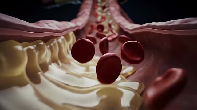 Detailed 3D Animation of Atherosclerosis with Cholesterol Buildup in Blood Vessels Impeding Blood Flow Causing Cardiovascular Disease Risk and Circulation Problems with Red Blood Cell Blockage