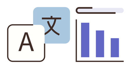 Bar chart and language symbols arranged to represent translation, analytics, and communication. Ideal for education, data analysis, language learning, global communication, business, research