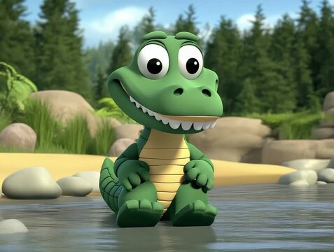 Cheerful Animated Alligator Playing in the Water with a Forest Background