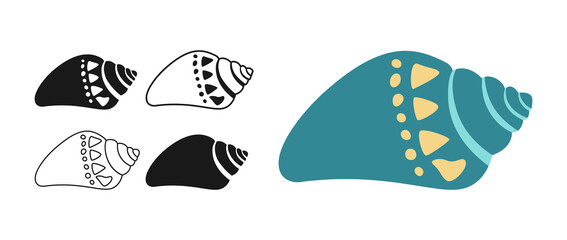 Sea shell symbol. Decorative beach marine underwater sign design element perfect for ocean designs and coastal tropical decor. Nautical, undersea or aquarium exotic seashell vector illustration