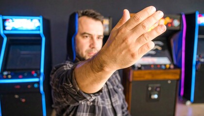 Man extending hand in front of arcade cabinets
