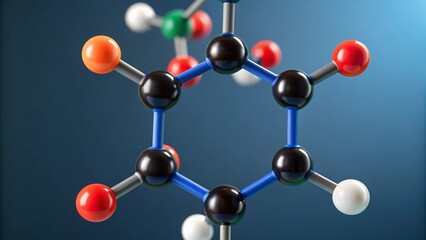Molecular structure model on a dark blue background, representing chemistry, science, and research. The colorful atoms and black bonds form a complex chemical compound