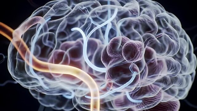 Detailed Visualization of Translucent Human Brain with Highlighted Neural Pathways and Arteries Rotating on a Dark Backdrop Emphasizing Neuroscience Cognitive Function and Medical Research for