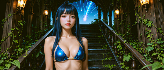 青いビキニを着て立っている青髪の美女　A beautiful blue-haired woman standing in a blue bikini
