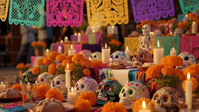 Traditional Day of the Dead altar with sugar skulls and marigolds. Colorful Mexican ofrenda for Dia de los Muertos celebration with candles and papel picado.
