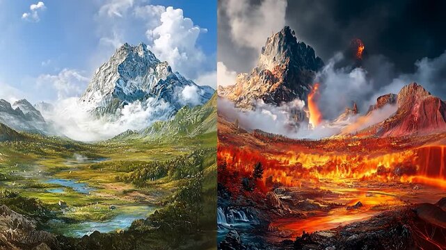 Mountainous landscapes, contrasting serene and fiery