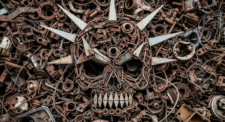 
A close-up image of a skull sculpture made from rusted metal parts, including nuts, bolts, and scrap metal, creating a post-apocalyptic, industrial aesthetic