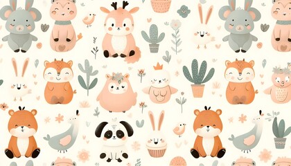 Fototapeta premium Charming repeating pattern of cute animal characters in soft pastel tones as cozy and warm wallpaper art