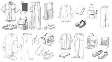 Hand-drawn fashion sketches of casual clothing and accessories including shirts, pants, bags, and shoes, perfect for fashion design and trend presentations.