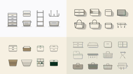 Minimalist vector illustration of storage baskets, bins, and organizers for home and office use, perfect for organization and interior design projects.