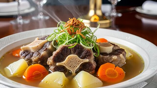 Steaming Oxtail Soup with Vegetables and Garnish in Elegant Restaurant Setting