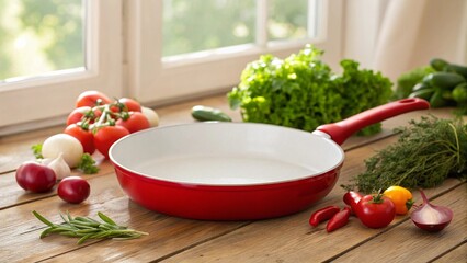 A vibrant and fresh flat-lay scene featuring a red frying pan surrounded by a colorful array of fresh vegetables and herbs on a rustic wooden table