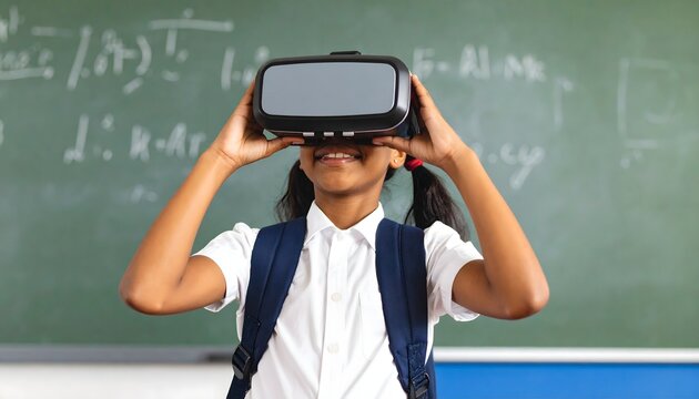 Schoolgirl using virtual reality in a classroom - Powered by Adobe