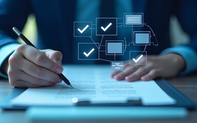 Hands with stylus reviewing documents, digital checkmarks overlay. Blue-toned style, business evaluation concept, approval process. High quality