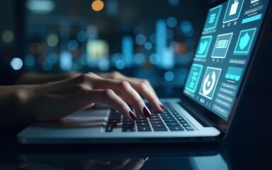 Businesswoman fingers typing on laptop, risk management hologram with icons. High quality