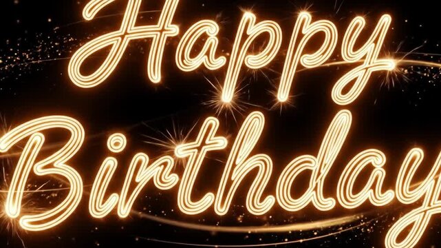 Animated glowing happy birthday text with sparkling light trails on a black backdrop