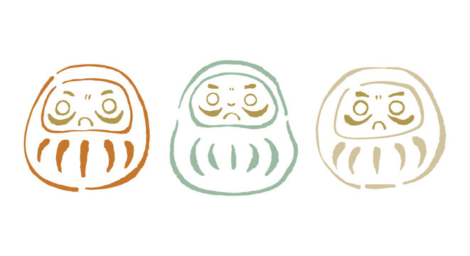 ゆるくてかわいい3色のだるま。落ち着いたパステルカラーの線画イラスト。