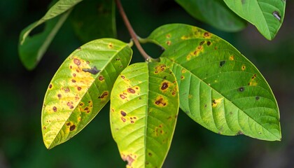 Close-up of green leaves with brown spots, likely indicating a plant disease or fungal infection.