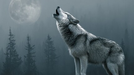 Naklejka premium Gray wolf howling at full moon over misty forest