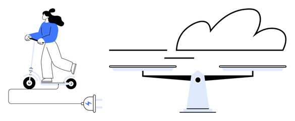 Woman rides plugged-in electric scooter beside a balanced scale and cloud design. Ideal for mobility, renewable energy, sustainability, innovation, eco-consciousness, modern technology, balance