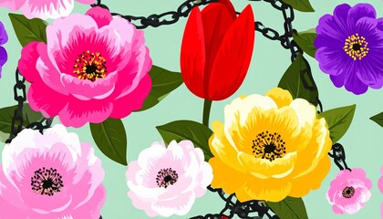 Vibrant hand drawn flowers pattern. Dynamic botanical print. Fashionable template f