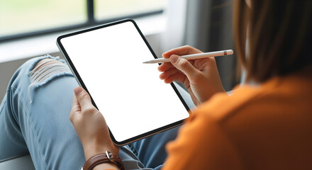Young Woman in Orange Shirt Using a Tablet with Stylus While Sitting Near Window