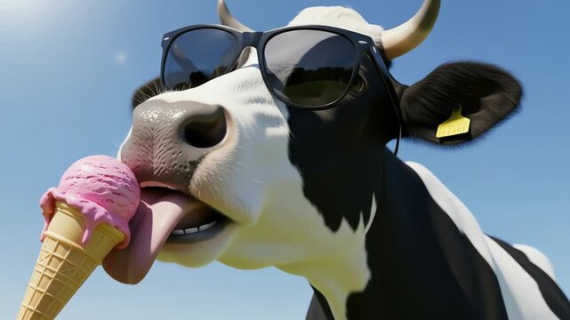 Close-up of a cow cartoon character wearing sunglasses and licking a pink ice cream cone against a clear blue sky.