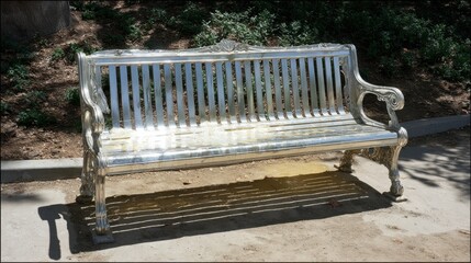 Ornate Silver Park Bench in a Sunlit Outdoor Setting Surrounded by Lush Greenery