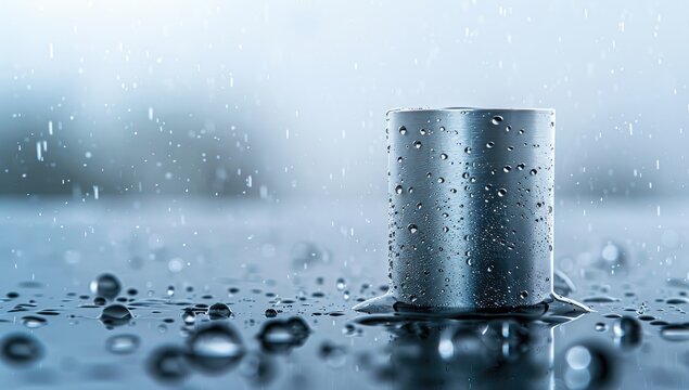 Rain-covered metal cylinder on wet surface, outdoors, raindrops background; waterproof test