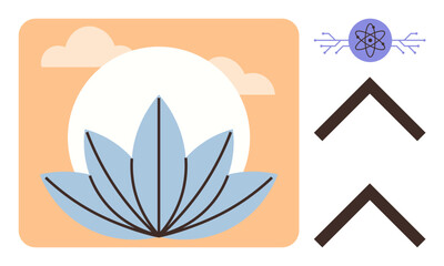 Lotus flower with radiating sun, abstract atom design, and upward arrows. Ideal for wellness, mindfulness, growth, nature, science tranquility concept of progress. Simple flat metaphor
