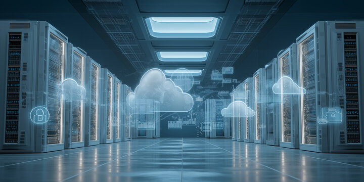 Futuristic data center with glowing servers and digital cloud icons represents advanced technology and secure data storage. sleek design and ambient lighting create modern, efficient atmosphere