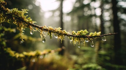 Close-up of mossy branch with dew drops. Sunlight filters through forest