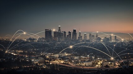 Obraz premium City skyline at twilight with network connections.