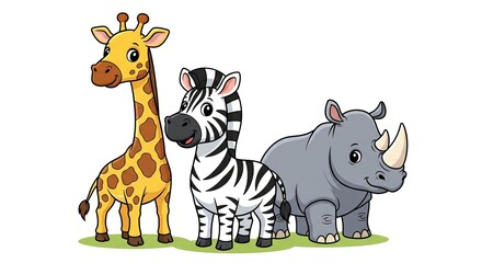 Cute Cartoon Giraffe Zebra and Rhino Standing Together