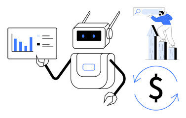 Robot holding analytics chart, man using search bar by rising graph, money symbol with arrows. Ideal for AI, business growth, financial tech, market trends, innovation, automation technology