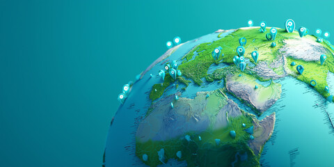 Modern globe with various countries marked by location pins, highlighting geographic diversity and connectivity. vibrant colors and detailed topography evoke sense of exploration and global