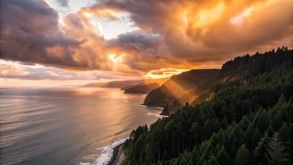 A stunning coastal landscape at sunset, featuring dramatic sunbeams breaking through stormy clouds over a lush, forested cliffside