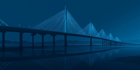 Obraz premium Sleek vector image of modern cable stayed bridge at night, reflecting on calm water, with serene and futuristic ambiance