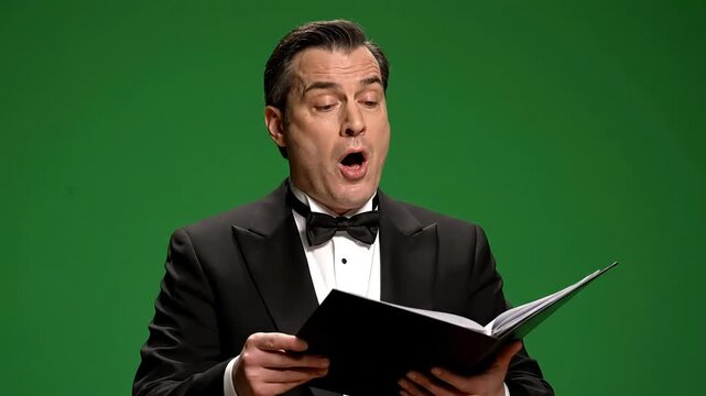 Dynamic Performance of a Classical Baritone Singer in a Tuxedo on Green Screen