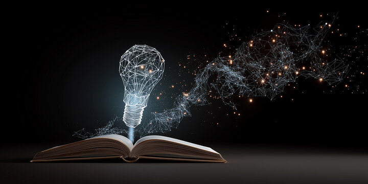 Glowing wireframe light bulb emerges from open book, symbolizing concept of ideas and knowledge. background is dark, enhancing luminous effect of bulb and abstract network of connections - Powered by Adobe