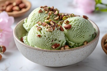 Light green ice cream scoops, topped with nuts, in a bowl