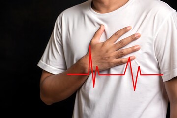 Heart attack chest pain concept man holding chest with heart beat line medical condition emergency health issue